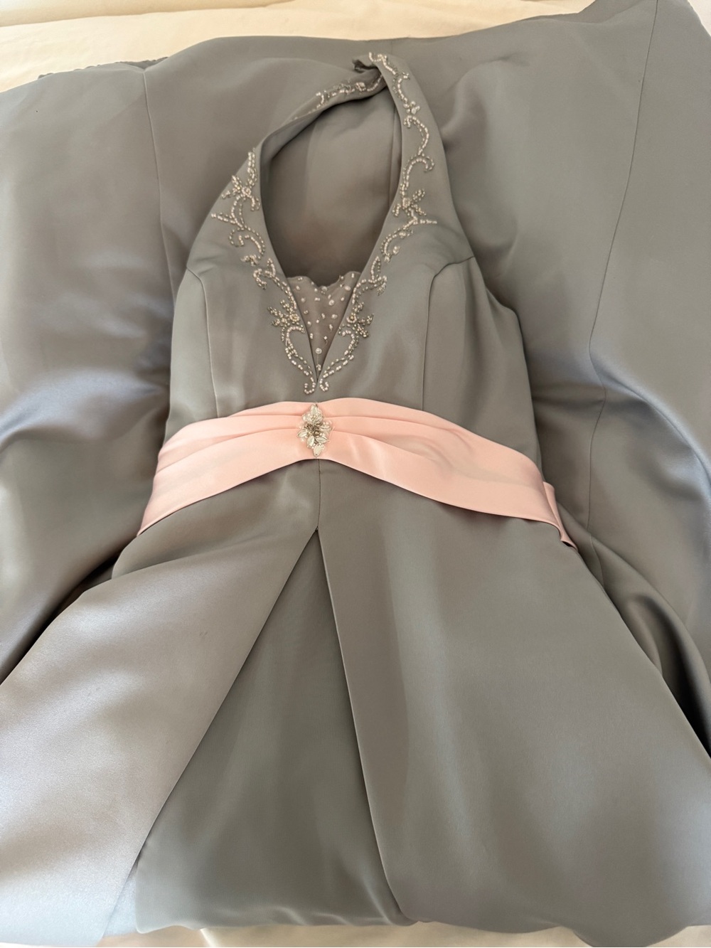Alexia Designs Light Gray Halter Evening Gown